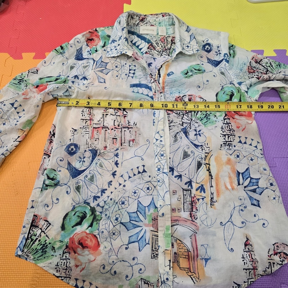 Chico's No-Iron 100% Cotton Button Up Shirt - Artistic City Scape Print - Size 1
